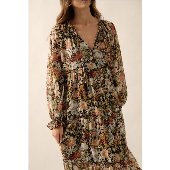 Promesa Black Size Small Floral V-Neck Chiffon Midi Dress - Picture 2 of 9